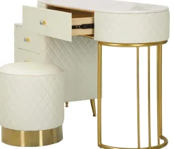 Coiffeuse effet matelassé avec tabouret Sharon (Blanc et doré)