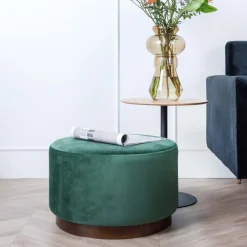 Grand pouf rond en velours et bois (Vert foncé)
