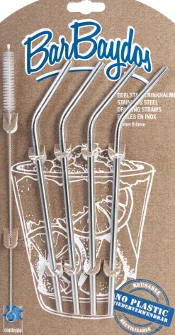 4 pailles courbées en inox avec goupillon