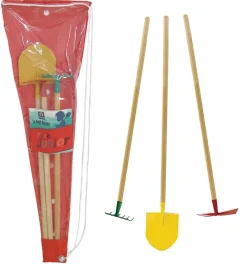 Set 3 outils de jardin enfant + sac de transport (Pelle + râteau + pioche)