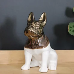 Statuette chien bouledogue en céramique Zoya (Blanc et or)