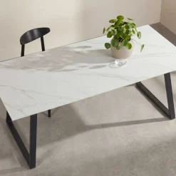 Table de repas 200 x 90 cm en pierre frittée Estelle (Blanc)