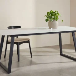 Table de repas 200 x 90 cm en pierre frittée Estelle (Blanc)